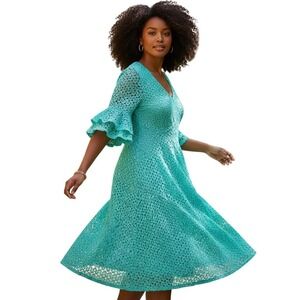 Rabbit Rabbit Rabbit Designs Teal Green Lace Bell Sleeve V-Neck Dress Womens 16